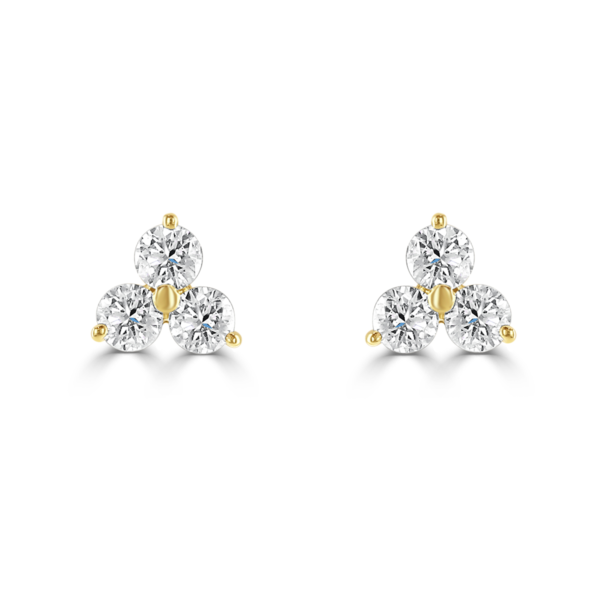 Three Stone Yellow Gold Diamond Stud Earrings