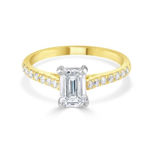 Emerald Cut Yellow Gold Diamond Ring with Diamond Set Shoulders