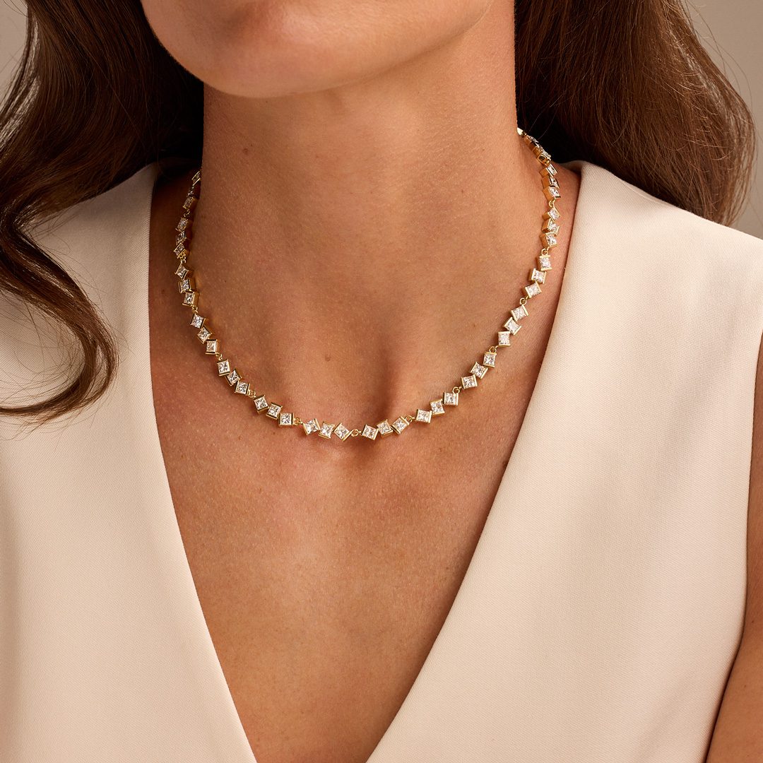 Hopscotch Yellow Gold Princess Cut Diamond Necklace