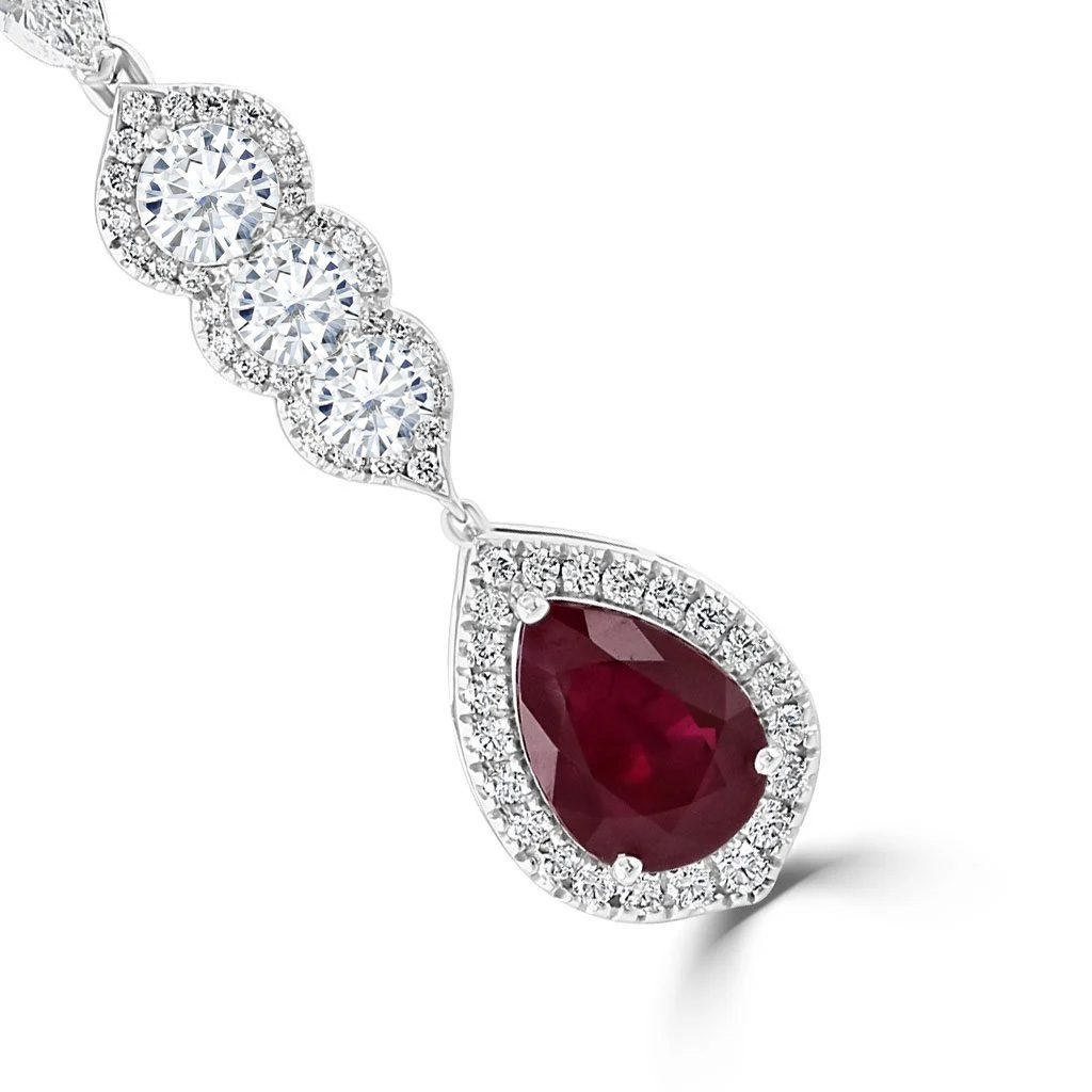 White Gold Pear Shape Ruby and Diamond Necklace