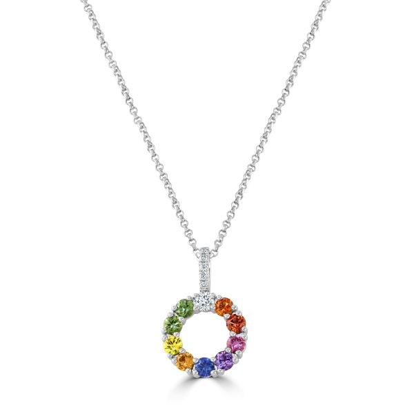 White Gold Rainbow Sapphire & Diamond Circle Pendant