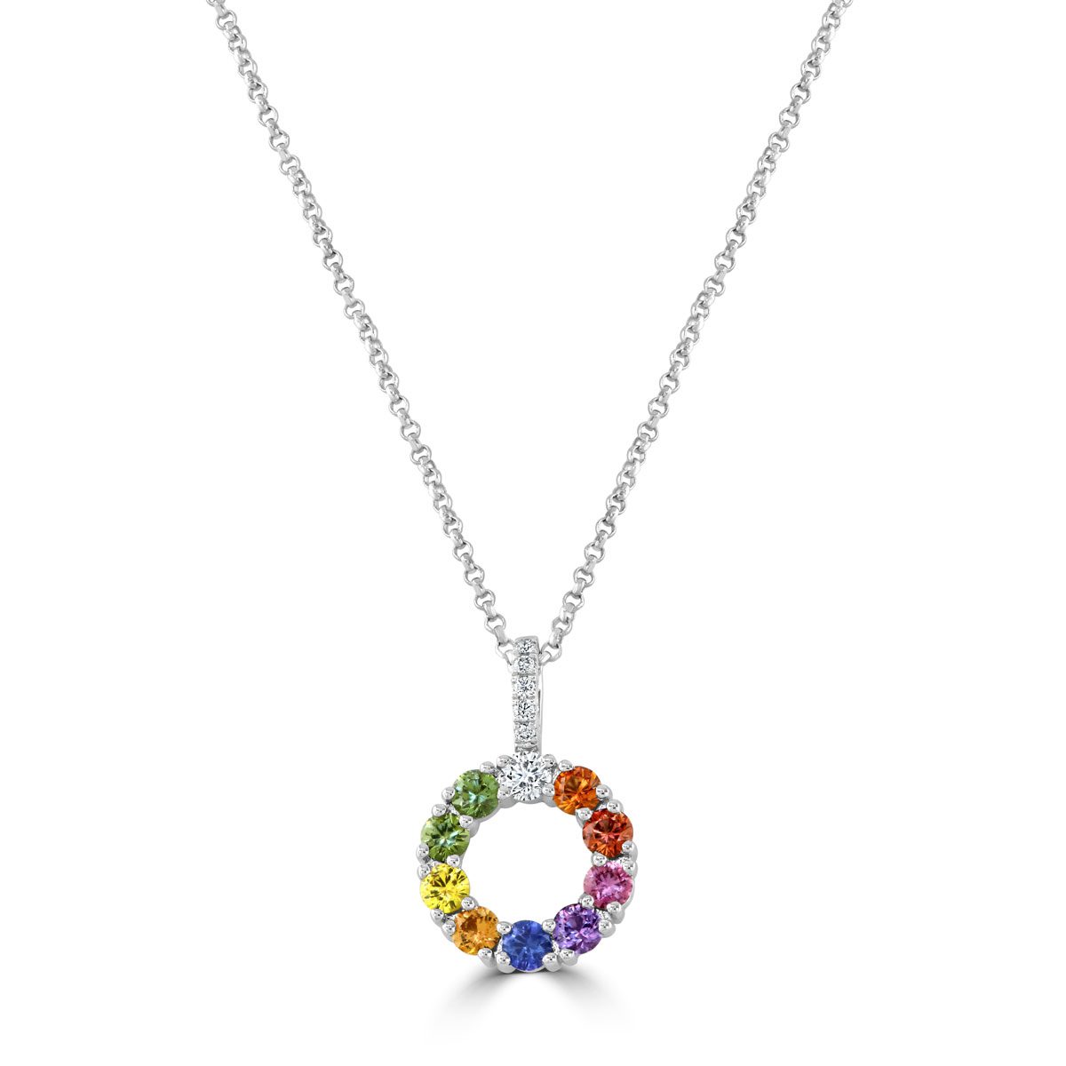 White Gold Rainbow Sapphire & Diamond Circle Pendant