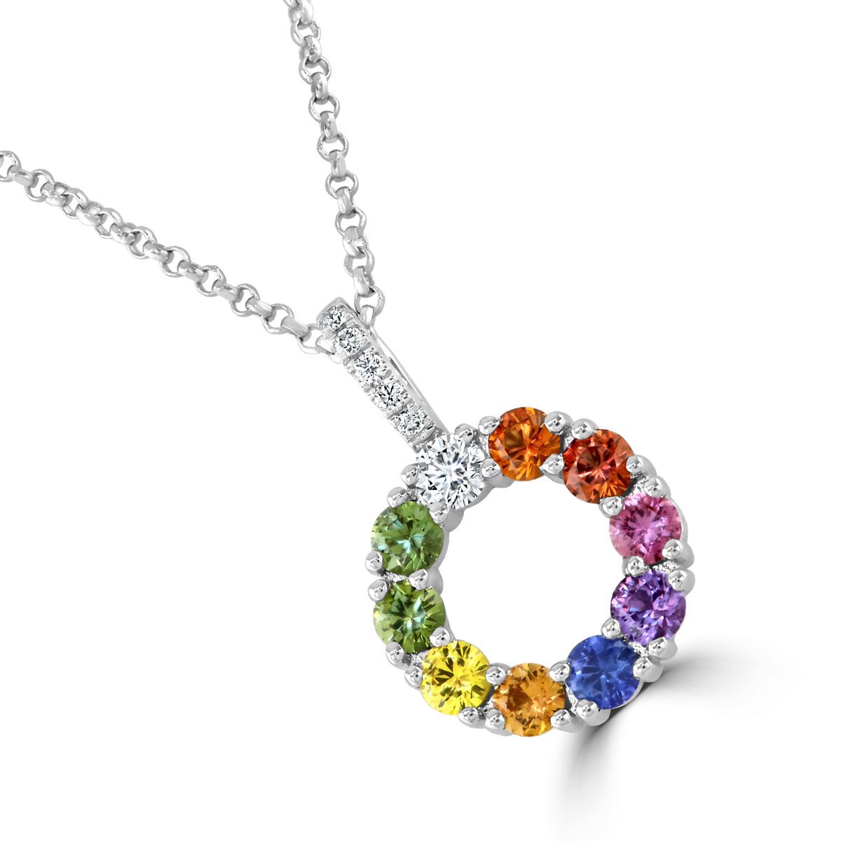 White Gold Rainbow Sapphire & Diamond Circle Pendant