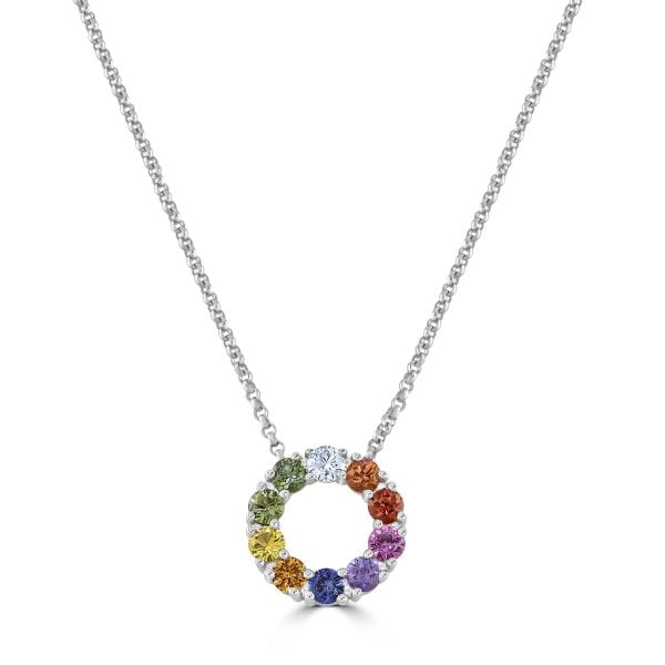 White Gold Rainbow Sapphire & Diamond Circle Pendant