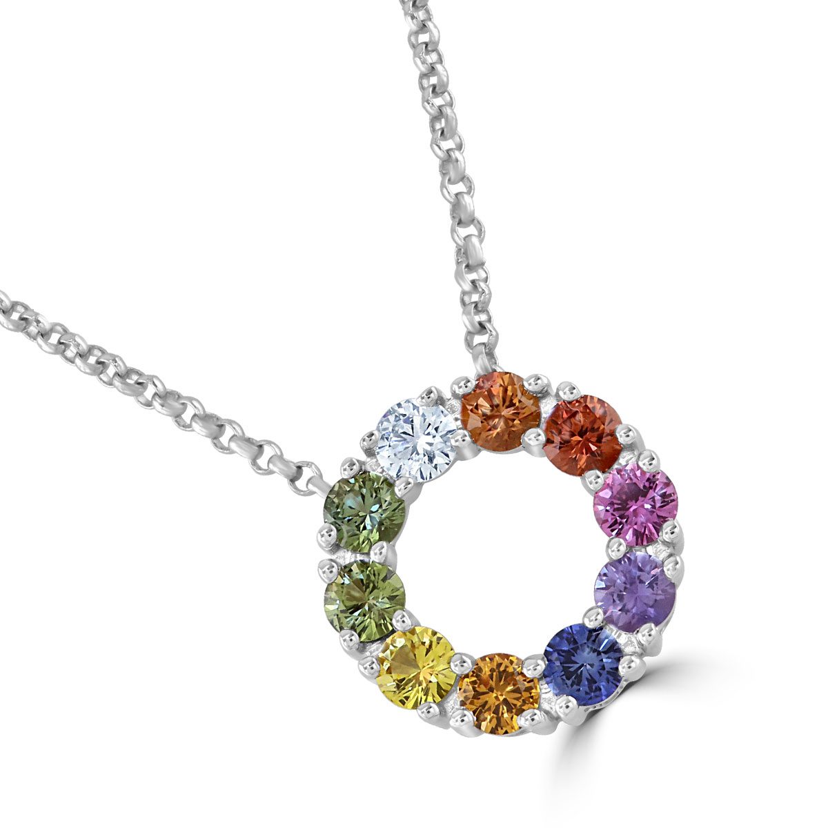 White Gold Rainbow Sapphire & Diamond Circle Pendant