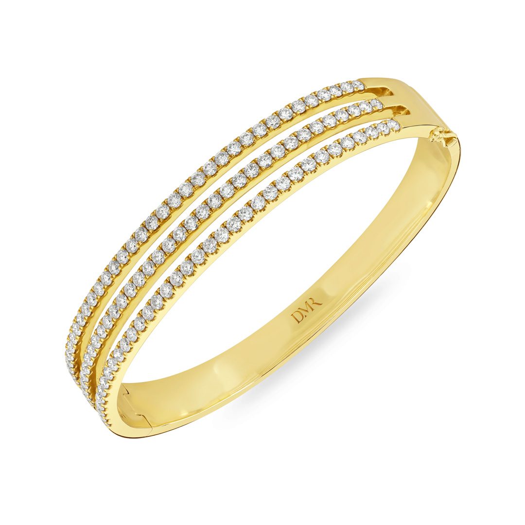 Love Lines Three Row Yellow Gold Diamond Bangle