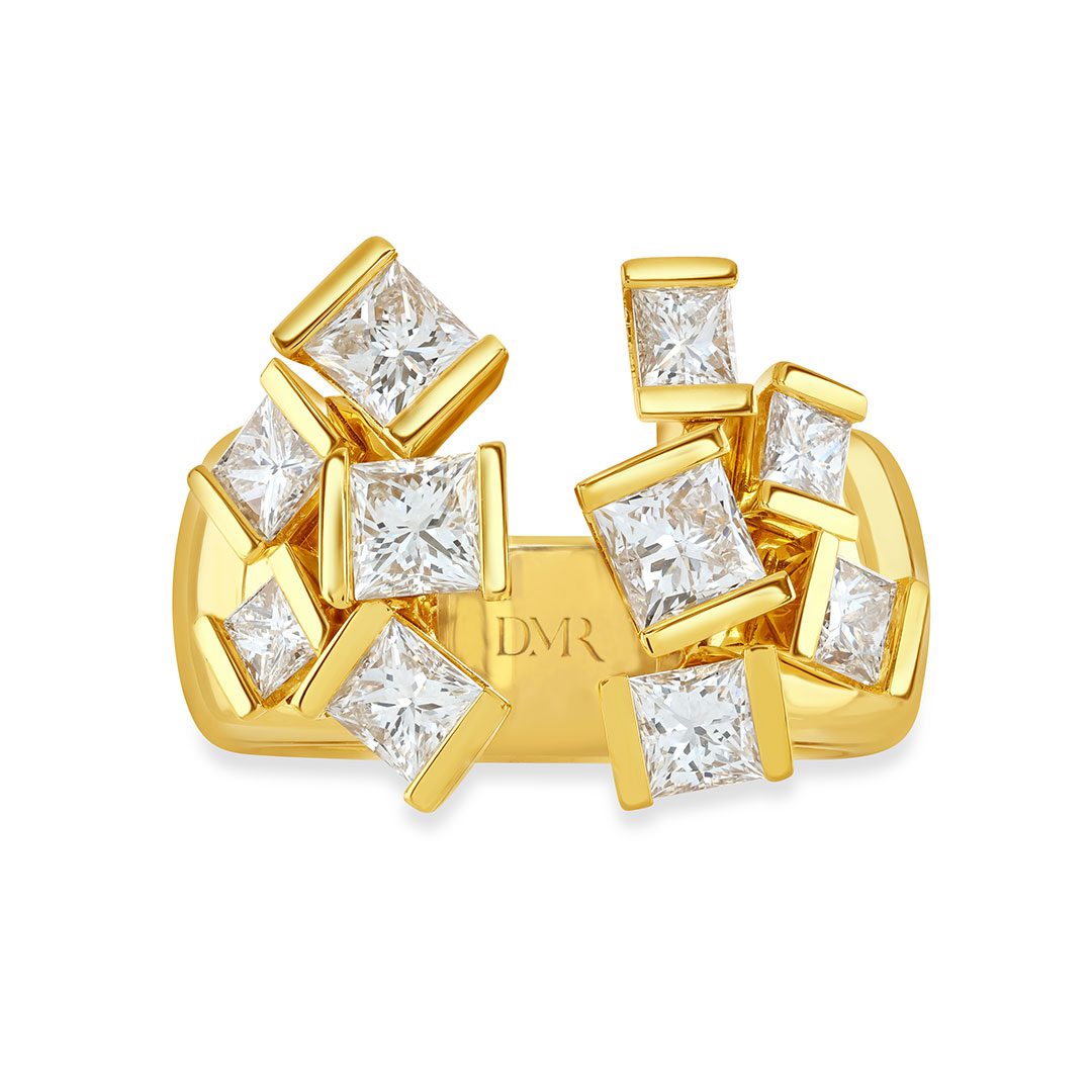 Hopscotch Cascade Yellow Gold Princess Cut Diamond Open Ring