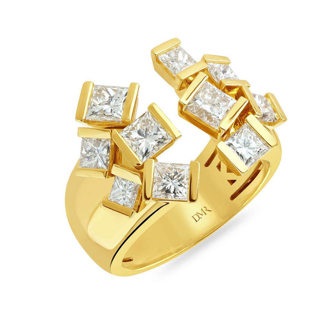 Hopscotch Cascade Yellow Gold Princess Cut Diamond Open Ring