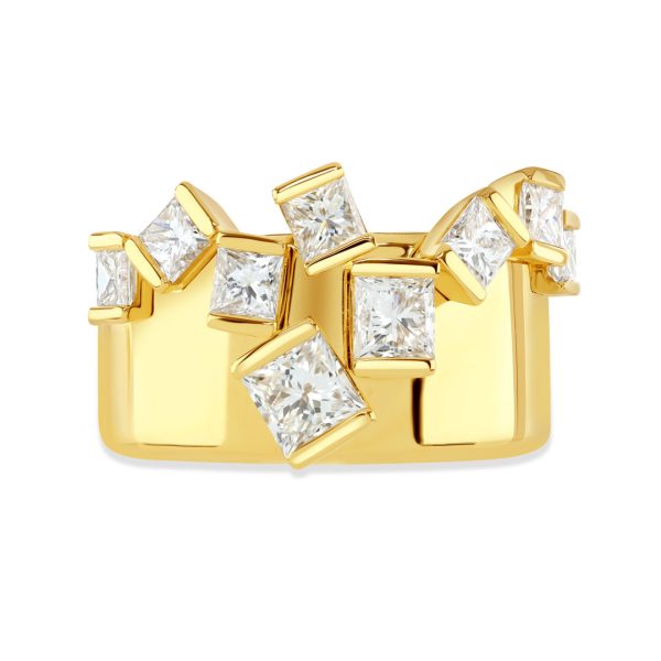 Hopscotch Cascade Yellow Gold Princess Cut Diamond Open Ring