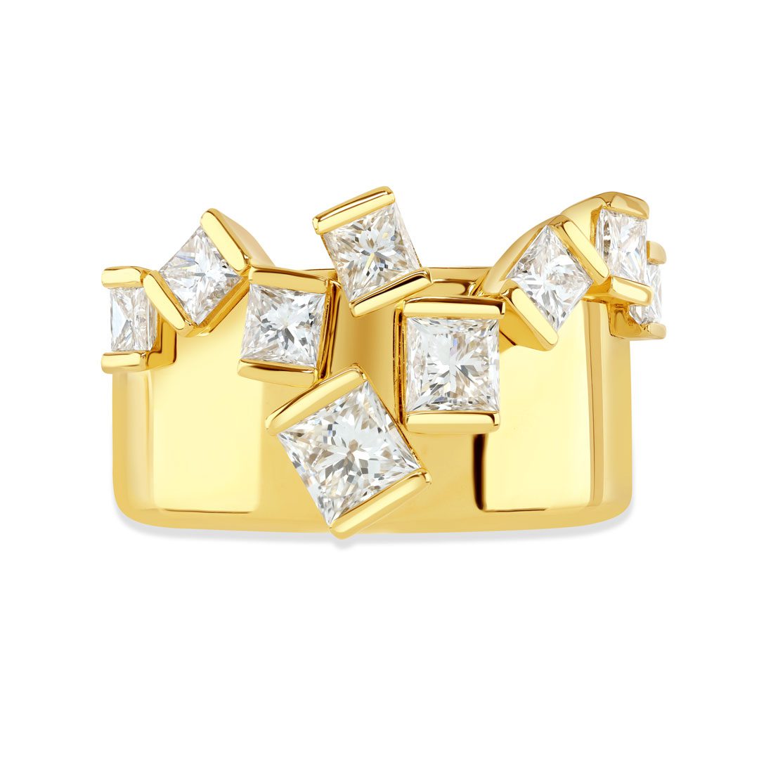 Hopscotch Cascade Yellow Gold Princess Cut Diamond Open Ring