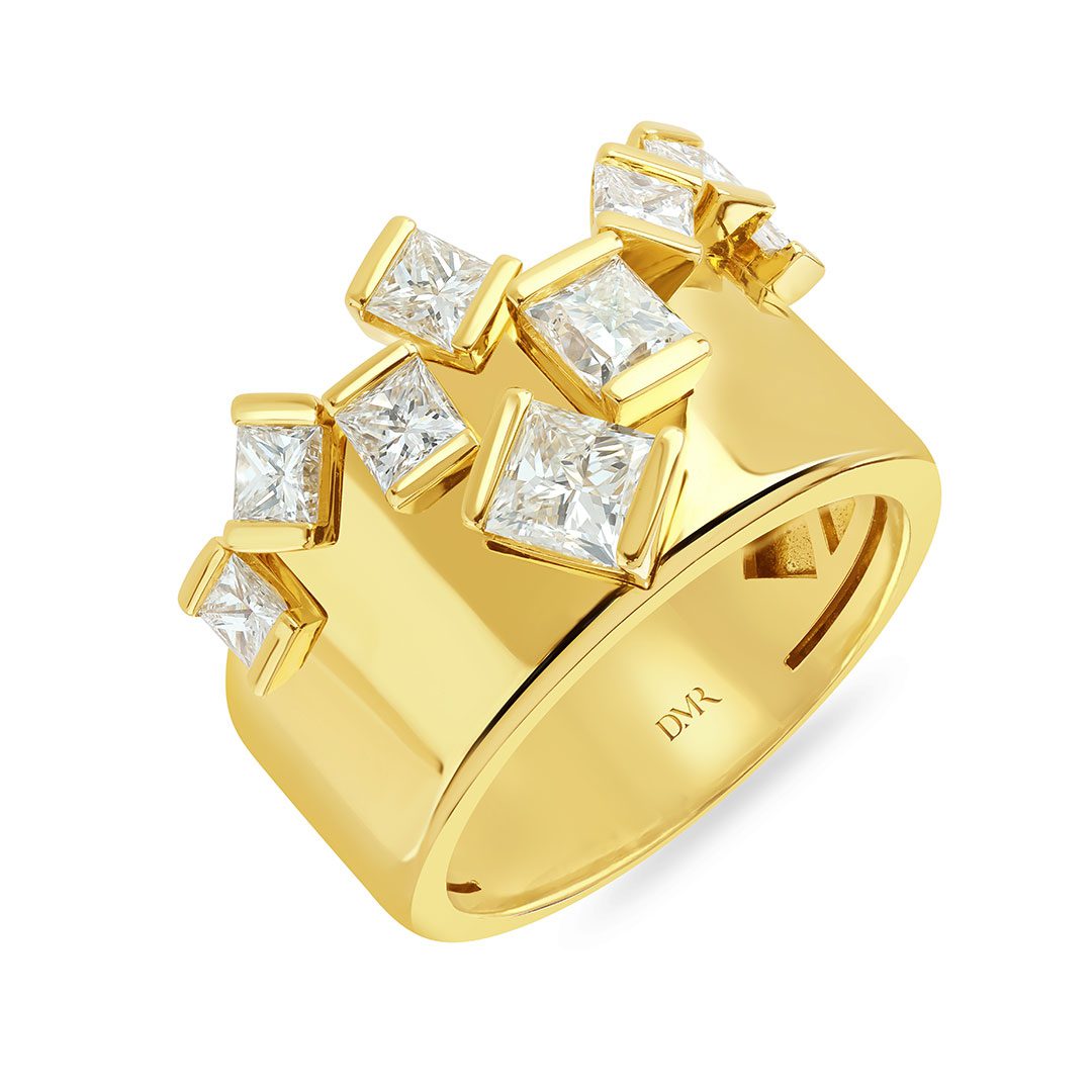 Hopscotch Cascade Yellow Gold Princess Cut Diamond Open Ring