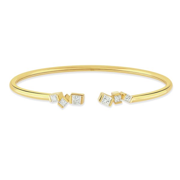 Hopscotch Yellow Gold Princess Cut Diamond Torque Bangle