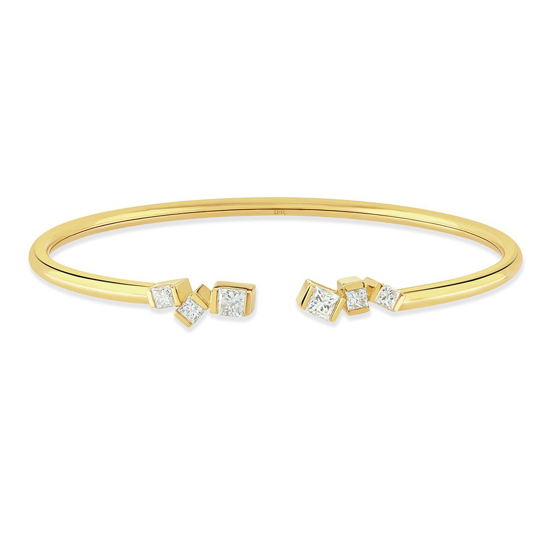 Hopscotch Yellow Gold Princess Cut Diamond Torque Bangle
