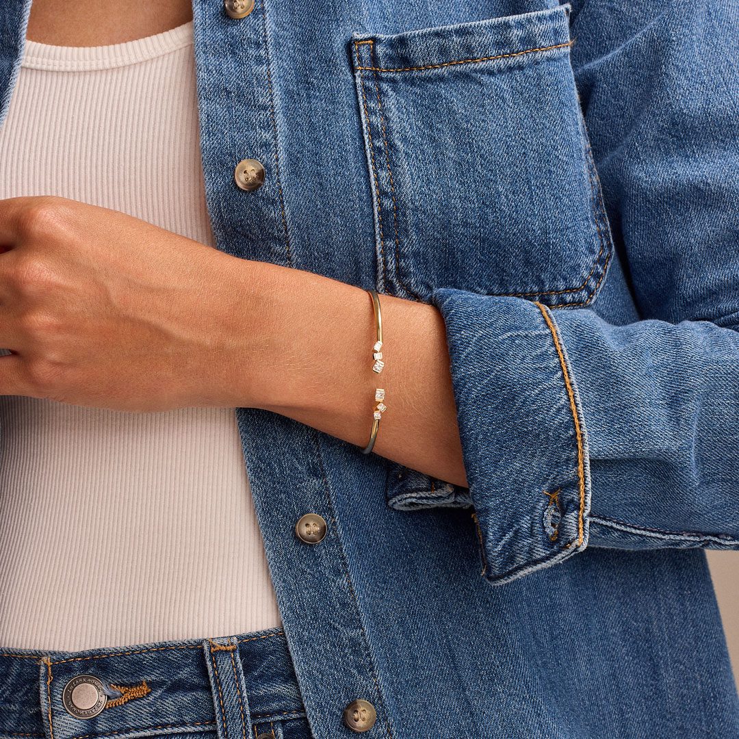 Hopscotch Yellow Gold Princess Cut Diamond Torque Bangle