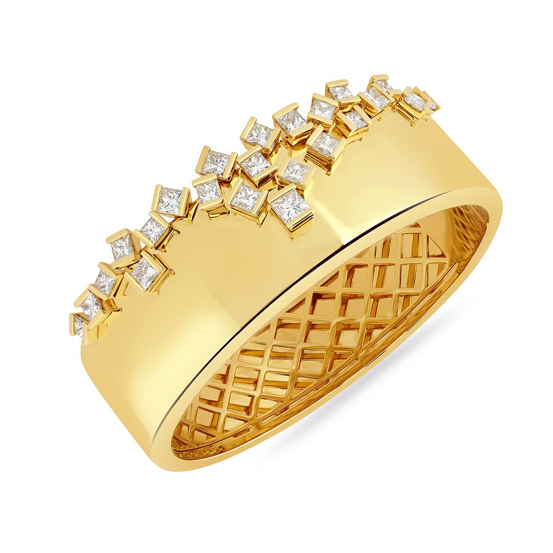 Hopscotch Cascade Yellow Gold Princess Cut Diamond Bangle